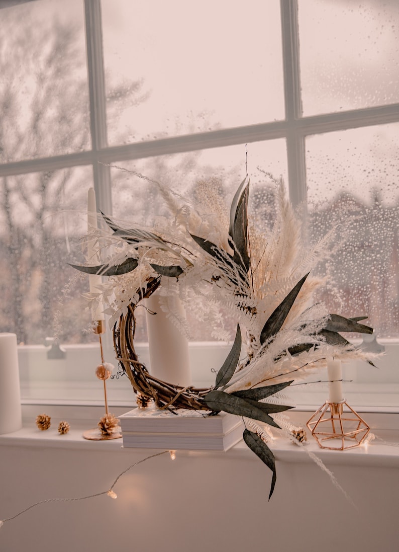 Christmas decor / white pampas grass and eucalyptus door wreath christmas decoration / christmas wreath / boho christmas image 5