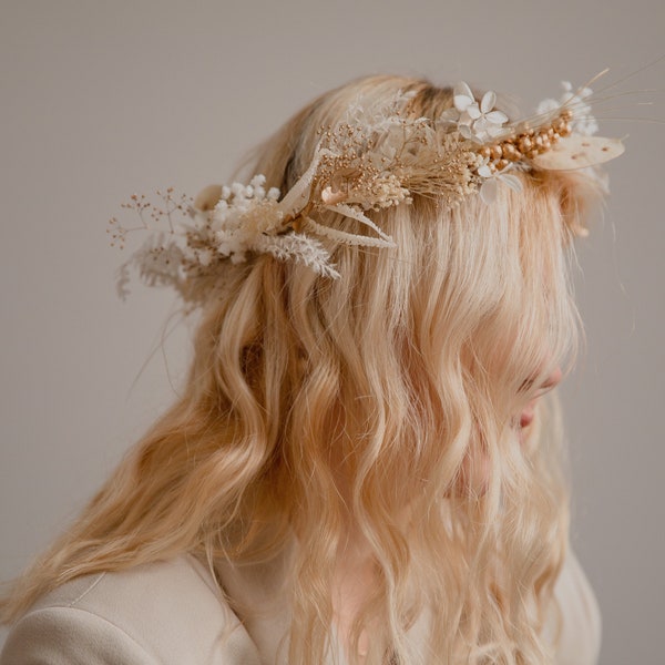 Golden berries and preserved lunaria crown/ pampas grass dried grasses crown / dried flower crown / boho bridal crown
