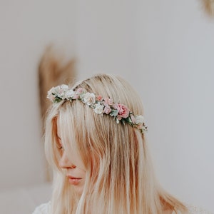 Pastel pink dainty flower crown, lace fabric ribbon, mullberry paper roses,peony crown, blush pink & cream roses