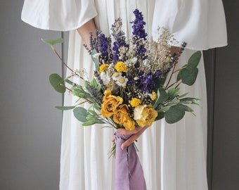 Boho bouquet, boho purple yellow wedding bouquet, dried flower wedding bouquet, real dried rose bouquet, daisy bouquet, eucalyptus bouquet