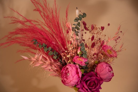 Hot Pink Pampas Grass Boho Bridal Boquet / Hot Pink Silk Flowers Fake  Flower Wedding Bouquet 
