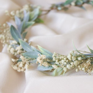 Boho flower wreath, baby's breath flower crown, woodland flower crown, rustic forest herbs, boxwood wedding crown, bride crown, green crown image 8