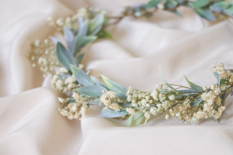 Boho flower wreath, baby's breath flower crown, woodland flower crown, rustic forest herbs, boxwood wedding crown, bride crown, green crown image 8