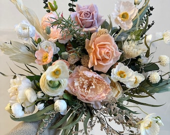 Colourful dried & artificial flowers bridal bouquet - salmon peach  green