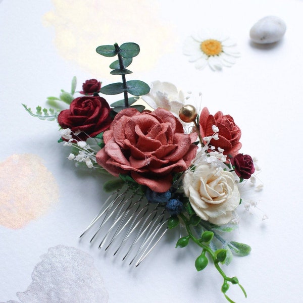 Red, burgundy mulberry paper rose wedding comb, boho bridal comb