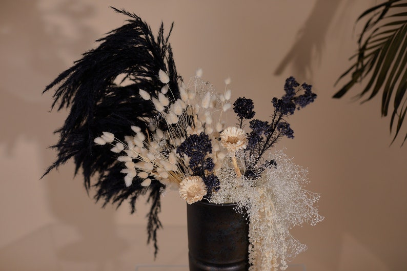 Black wedding statement centerpiece with trailing amaranth & black pampas grass image 1