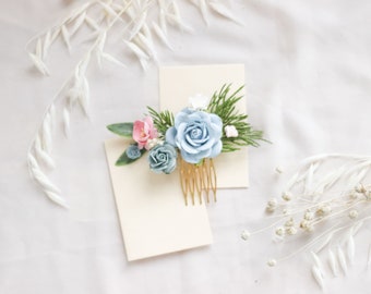 Flower hair comb / blue mulberry paper rose wedding comb