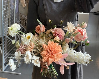 White hyacinth hand-picked style boho bouquet / real touch dahlias bridal bouquet spring wedding / fake flower bouquet