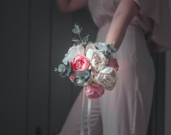 Artificial flowers bridal bouquet - ivory white & pink