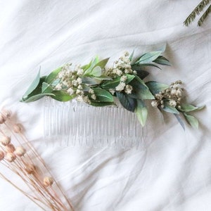 Boho green ruscus baby's breath bridal hair comb, flower hair comb, bridesmaid comb, bridal flower comb