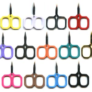 May include: A set of 12 pairs of small scissors with octagonal handles. The scissors are available in a variety of colors, including yellow, white, black, red, purple, orange, teal, gold, pink, brown, blue, and black.