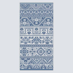 May include: A blue and white cross-stitch sampler with various geometric and floral patterns. The design includes bands of repeating motifs, including flowers, stars, and geometric shapes. The sampler is rectangular and features the numbers "20" and "21".