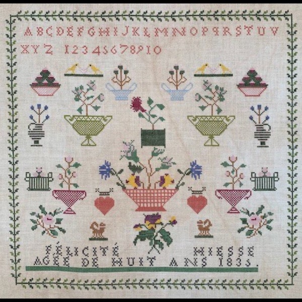 Reflets de Soie - Félicité Hiesse 1835 - Antique French Sampler Reproduction by Isabelle Mazabraud