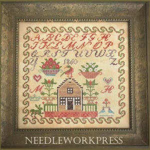 May include: A framed cross-stitch sampler with a house, flowers, birds, and the alphabet. The sampler is dated 1860 and has a brown frame.