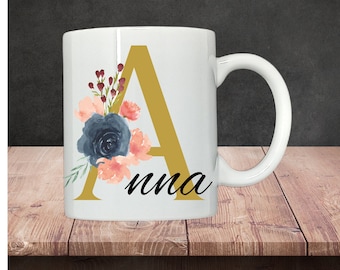 Cup with flower letters and desired name - print on both sides - personalized gift idea