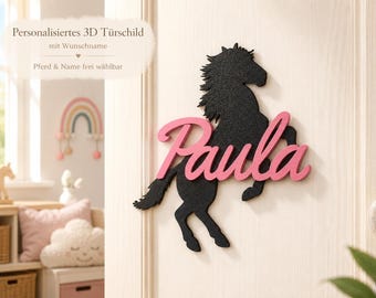 Türschild Pferd personalisiert mit Namen – 3D Namensschild Kinderzimmer, Pferde Deko, Geschenk für Mädchen