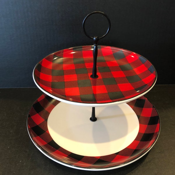 Red Buffalo Plaid 2 Tier Cake Stand! Dinner & Salad Ceramic Plates Appetizers, Snacks, Fruits, Sweets, Cupcakes Perfect for Holiday Display!