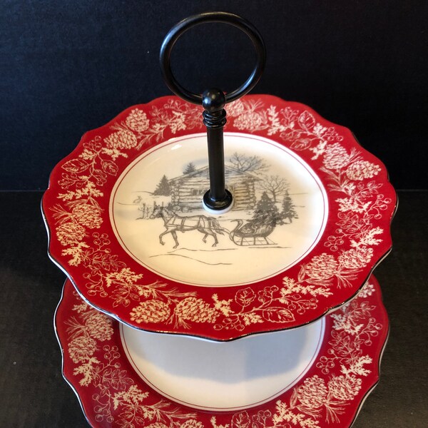 222 Fifth Andover Red Christmas Ceramic Plates! 2 Tier Cake Stand. Perfect and Beautiful for Christmas Season and Gifting! Great for serving
