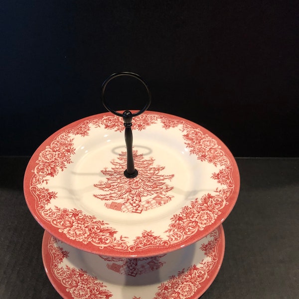 Beautiful Royal Stafford Red Christmas Tree Plates!! 2 Tier Royal Stafford Red Christmas Tree Cake Stand. Perfect for the Christmas Season!