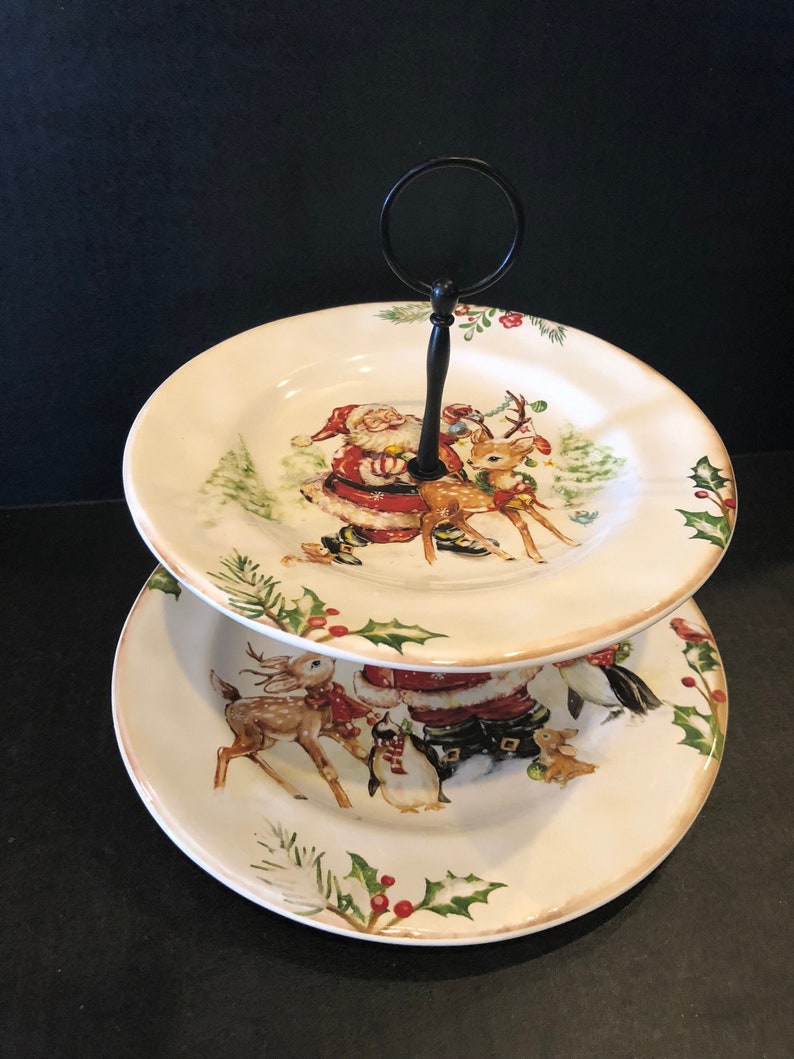 Kitchen Dining Perfect For Appetizer Fruits Sweets Also Beautiful For Christmas Display Cupcakes Snacks Pretty Santa Claus 2 Tier Cake Stand Home Living