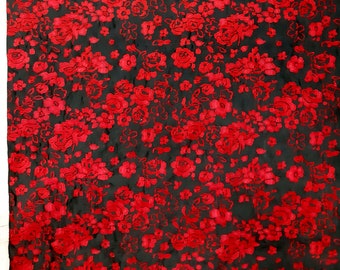 Embroidered roses doupion silk - black with red roses - sold by the meter - 135 cm width
