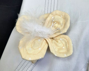 Hair accessories fabric flower in light yellow - white with feathers to attach with hair clamp
