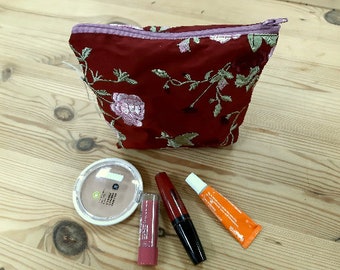 Cosmetic bag "Velvet & Silk" wine red with floral pattern, possible with Miss Mini