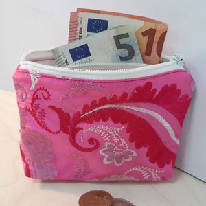 Cartera de seda bordada rosa para monedas, billetes y documentos de identidad con compartimento interior - cartera, cartera, cartera