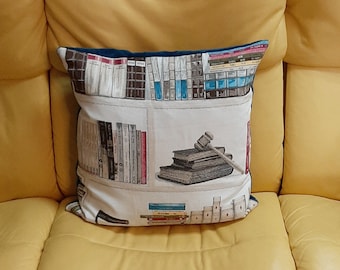 Decorative cushion with ticking, BW jacquard on the front, BW velvet on the back, book themed cushion