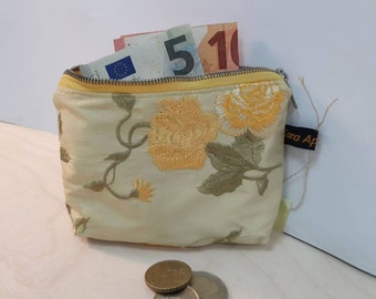 Wallet made of yellow embroidered silk for coins, notes and ID cards with inner compartment - wallet, wallet, wallet