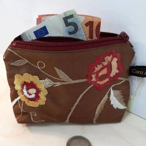 Portemonnaie aus braun bestickter Seide für Münzen, Scheine und Ausweise mit Innenfach - Geldbörse Geldbeutel Geldtasche Brieftasche