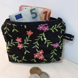 Cartera de seda bordada de color negro para monedas, billetes y documentos de identidad con compartimento interior - cartera, cartera, cartera