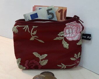 Portemonnaie aus rot bestickter Seide für Münzen, Scheine und Ausweise mit Innenfach - Geldbörse Geldbeutel Geldtasche Brieftasche