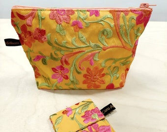 Cosmetic bag "Velvet & Silk" yellow with flowers and tendrils pattern