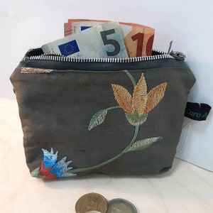 Portemonnaie aus graublauer bestickter Seide für Münzen, Scheine und Ausweise - Geldbörse Geldbeutel Geldtasche Brieftasche