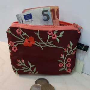 Portemonnee van roodbruin geborduurde zijde voor munten, bankbiljetten en ID-kaarten met binnenvak - portemonnee, portemonnee, portemonnee