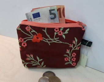 Wallet made of red-brown embroidered silk for coins, banknotes and ID cards with inner compartment - wallet, wallet, wallet