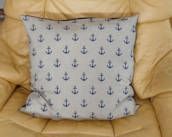 Coussin décoratif avec coutil, jacquard BW sur le devant, velours BW sur le dos, coussin thème nautique ancre mer