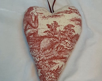 Large fabric heart made of Toile de Jouy for hanging decorative heart handmade
