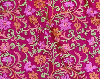 Embroidered doupion silk - pink with pink-orange flowers - sold by the meter - 135 cm width