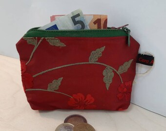 Wallet made of red, embroidered silk for coins, banknotes and ID cards with inner compartment - wallet, wallet, wallet