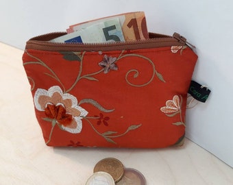 Portemonnaie aus orange bestickter Seide mit Münzfach für Münzen, Scheine und Ausweise - Geldbörse Geldbeutel Geldtasche Brieftasche