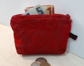 Rotes Portemonnaie aus bestickter Seide für Münzen, Scheine und Ausweise mit Innenfach - Geldbörse Geldbeutel Geldtasche Brieftasche