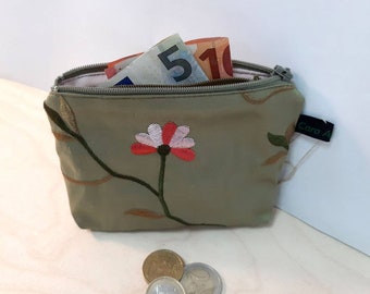 Portemonnaie aus sandfarben bestickter Seide für Münzen, Scheine und Ausweise und Innenfach - Geldbörse Geldbeutel Geldtasche Brieftasche