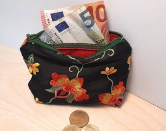 Portemonnaie aus schwarz bestickter Seide für Münzen, Scheine und Ausweise mit Innenfach - Geldbörse Geldbeutel Geldtasche Brieftasche