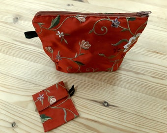 Cosmetic bag "Velvet & Silk" red with flowers and tendrils pattern