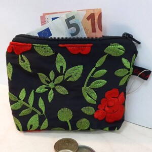 Cartera de seda bordada de color negro para monedas, billetes y documentos de identidad con compartimento interior - cartera, cartera, cartera