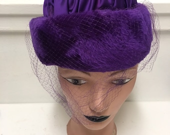 Vintage  1950s Norman Durand Purple Contessa imported Fur hat with Netting veil  fabulous Derby Party Halloween