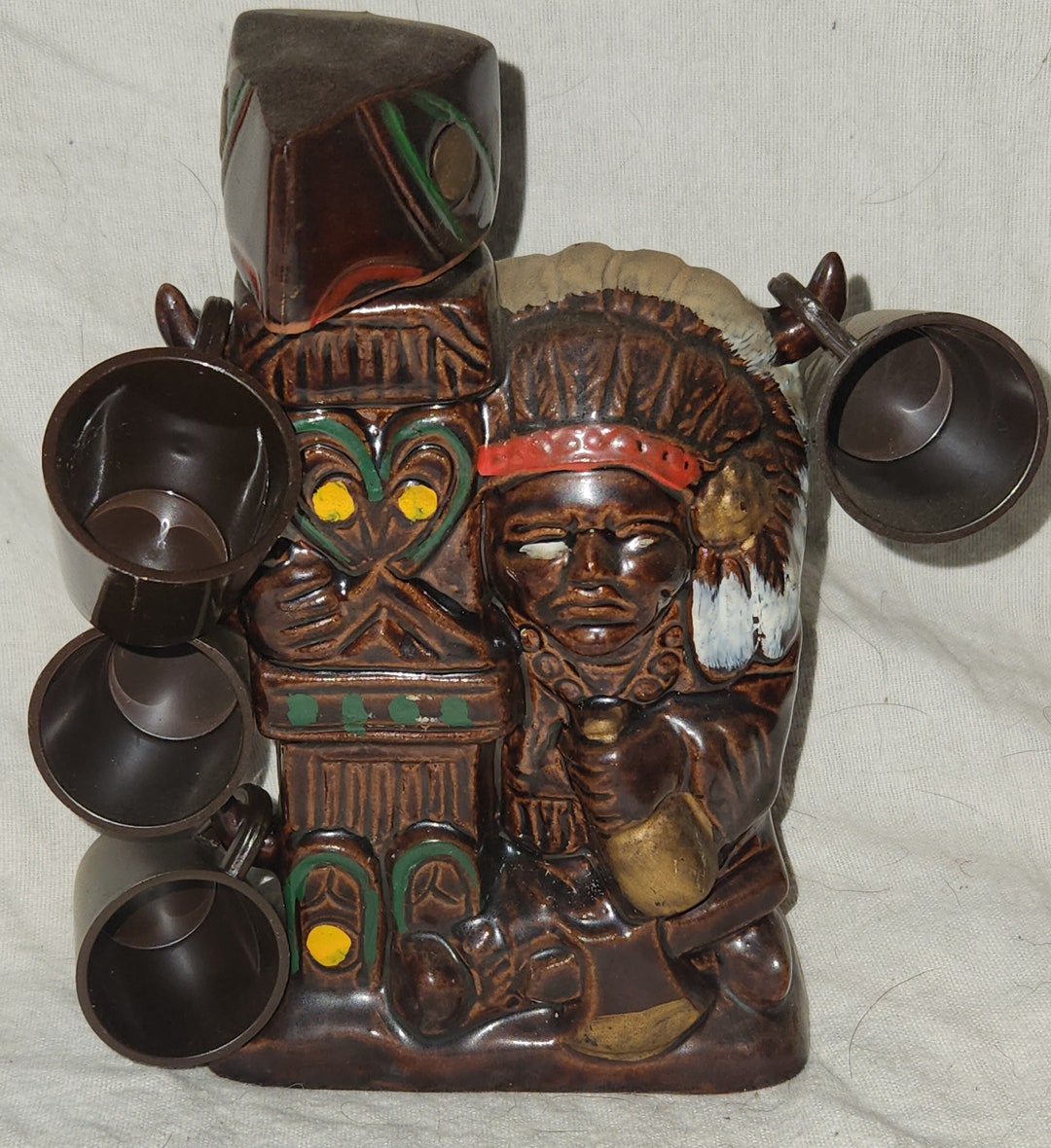 Mid Century 1950s Novelty Decanter Indian Chief Totem Pole 4 Mini Cups ...