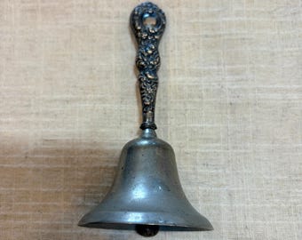 Vintage Ornate Floral Repousse Silver Tone Hand Bell Victorian Style 4.75"